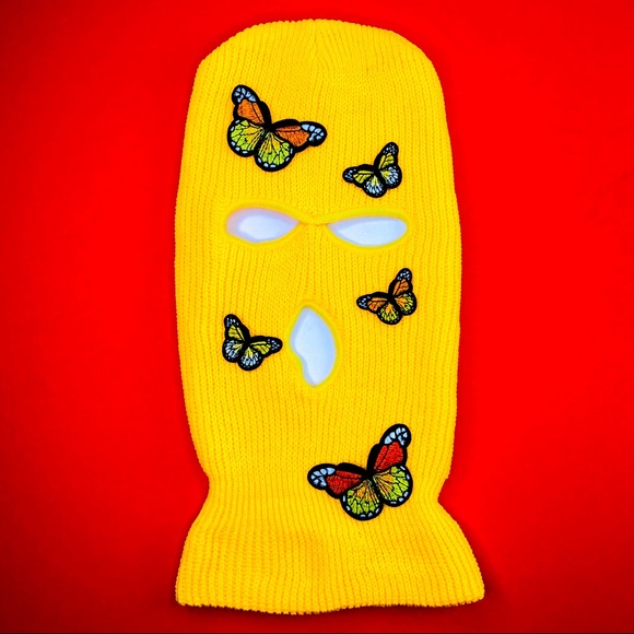 5 Butterflies Patches Yellow Ski Mask Beanie Balaclava Cap Hat winter face cover Neon Orange Reflective Zip up Balaclava With 1 Butterfly Ski  main image 2